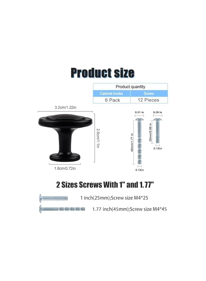 promass Black Cabinet Knobs, 6 Pack 1-1/4 inch Kitchen Drawer Knobs Round Single Hole Cabinet Hardware for Dresser Drawer Cabinet - Image 3