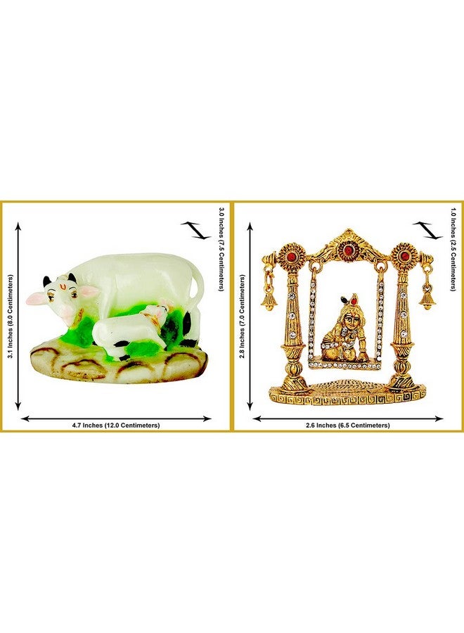 LE Kamdhenu Cow with Calf (Resin) and Lord Krishna (Laddu Gopal) on Swing Idol (Metal) Religious Idol-Statue for Vastu Gift and Car (White, Gold) - Image 4