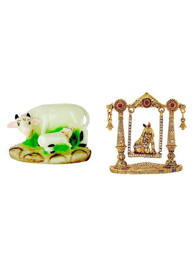 LE Kamdhenu Cow with Calf (Resin) and Lord Krishna (Laddu Gopal) on Swing Idol (Metal) Religious Idol-Statue for Vastu Gift and Car (White, Gold) - Image 1