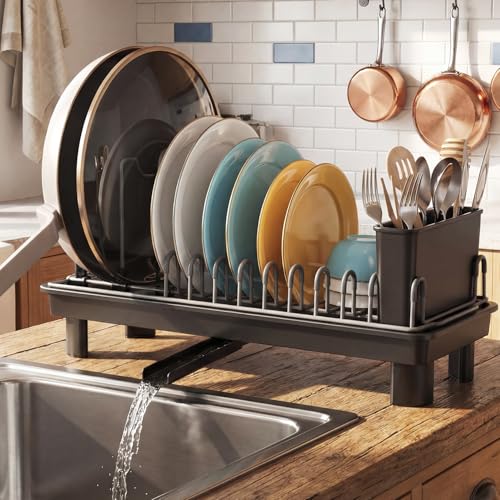 Nfnoyp Small Dish Drying Rack Carbon Steel Dish Rack Rustproof for Kitchen Counter Compact Dish Drainer with Adjustable Slots for Small Kitchens & Apartments 16.5×6.5×7inch Black - Image 1
