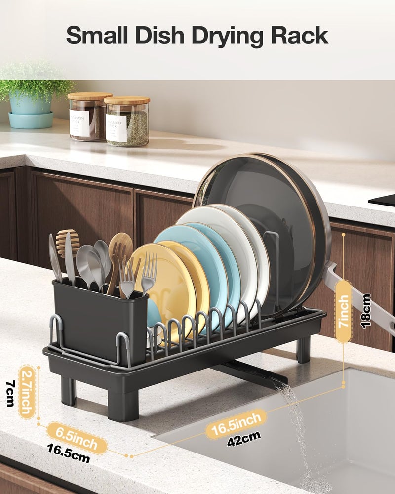 Nfnoyp Small Dish Drying Rack Carbon Steel Dish Rack Rustproof for Kitchen Counter Compact Dish Drainer with Adjustable Slots for Small Kitchens & Apartments 16.5×6.5×7inch Black - Image 2