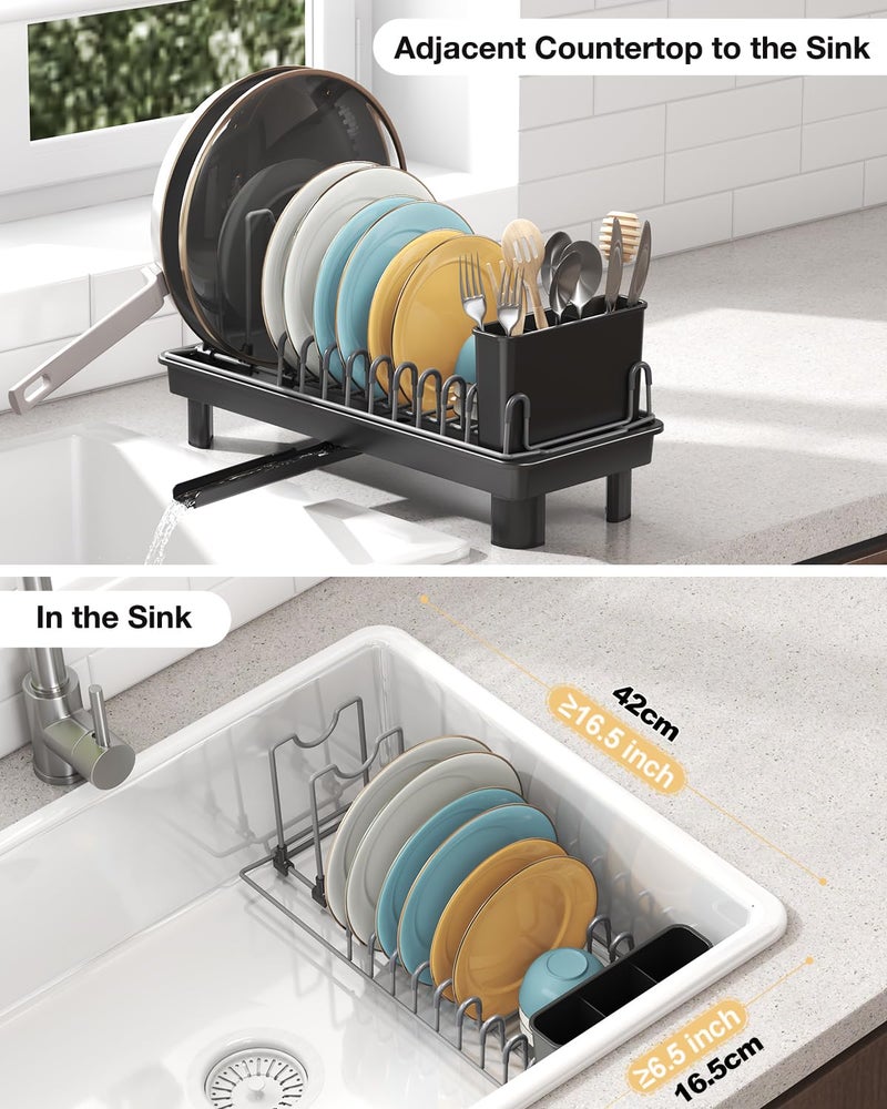 Nfnoyp Small Dish Drying Rack Carbon Steel Dish Rack Rustproof for Kitchen Counter Compact Dish Drainer with Adjustable Slots for Small Kitchens & Apartments 16.5×6.5×7inch Black - Image 3