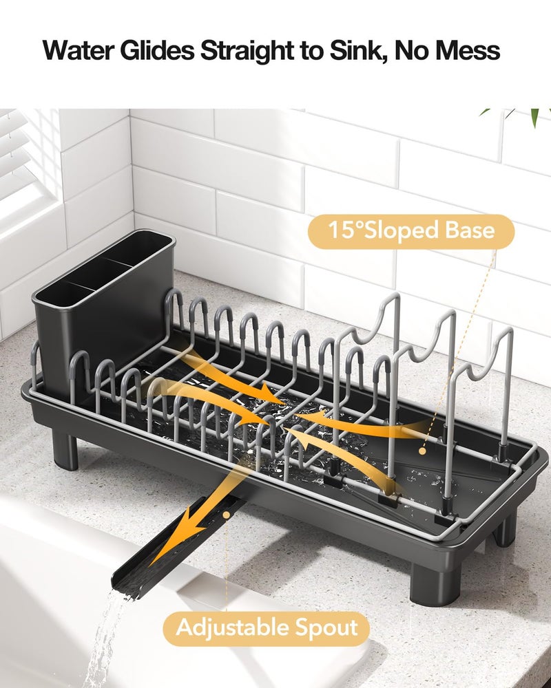 Nfnoyp Small Dish Drying Rack Carbon Steel Dish Rack Rustproof for Kitchen Counter Compact Dish Drainer with Adjustable Slots for Small Kitchens & Apartments 16.5×6.5×7inch Black - Image 4