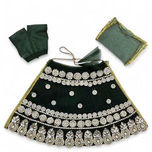 Vrindavanstore.in 2nd Day Brahmacharini Devi Poshak Navratri Special Green MATA Rani Dress | Designer Stone Work Outfit for 8 Inch Idol | Festival Outfit with 5.5 Inch Lehenga, Dupatta & 3 Inch Choli - Image 1