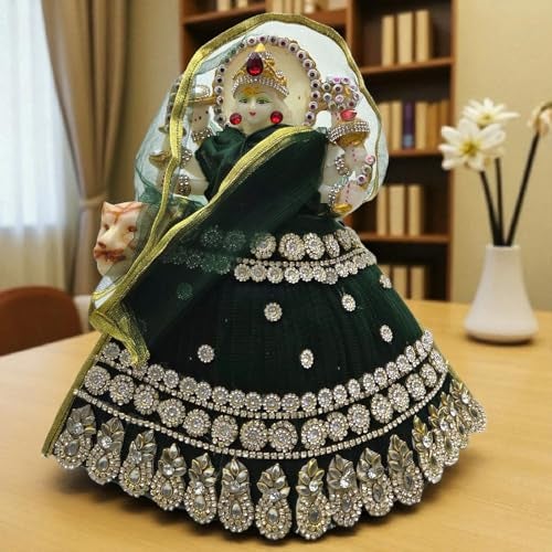 Vrindavanstore.in 2nd Day Brahmacharini Devi Poshak Navratri Special Green MATA Rani Dress | Designer Stone Work Outfit for 8 Inch Idol | Festival Outfit with 5.5 Inch Lehenga, Dupatta & 3 Inch Choli - Image 3