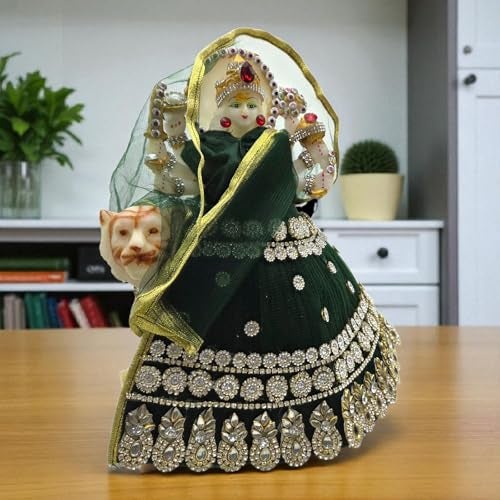 Vrindavanstore.in 2nd Day Brahmacharini Devi Poshak Navratri Special Green MATA Rani Dress | Designer Stone Work Outfit for 8 Inch Idol | Festival Outfit with 5.5 Inch Lehenga, Dupatta & 3 Inch Choli - Image 4
