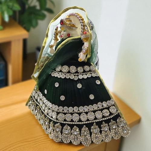 Vrindavanstore.in 2nd Day Brahmacharini Devi Poshak Navratri Special Green MATA Rani Dress | Designer Stone Work Outfit for 8 Inch Idol | Festival Outfit with 5.5 Inch Lehenga, Dupatta & 3 Inch Choli - Image 5