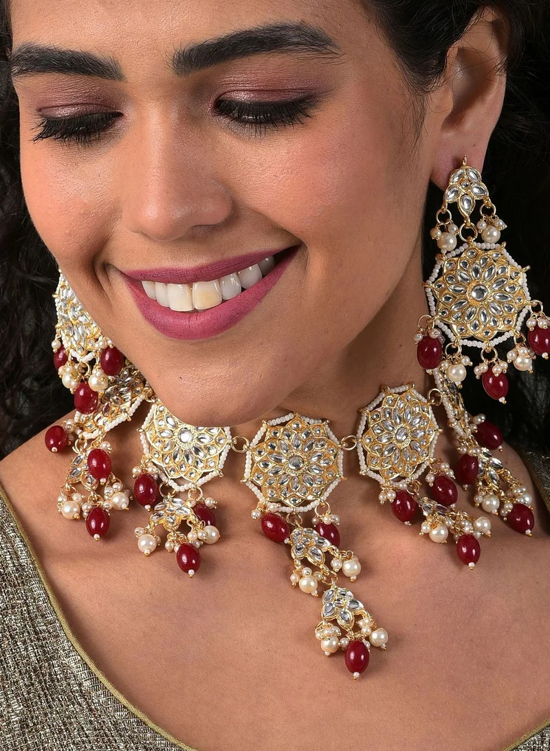 SOHI Gold Plated Kundan & Beads Necklace and Earrings Set
