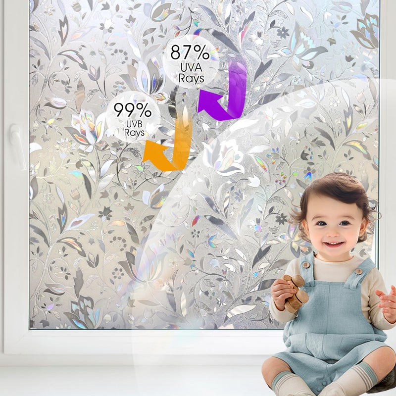 HIDBEA Window Privacy Film, 3D Stained Glass Static Cling - Sun Blocking Anti-UV Heat Control, Reusable Decorative Film for Home/Office Doors, Rainbow Tulip Design (17.3 in x 78.7 in) - Image 2