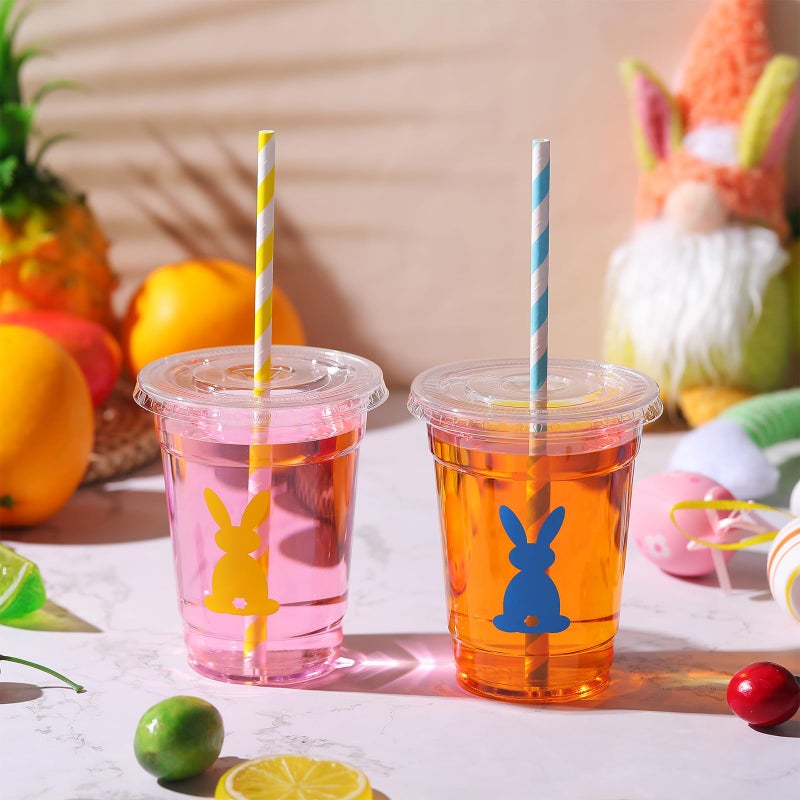 Jingmore 50 Pcs Easter Bunny Disposable Plastic Cups with Lids and Straws 12 oz Spring Easter Plastic Beverage Drinking Cups for Cocktail Holiday Party Wedding Birthday Supplies - Image 5