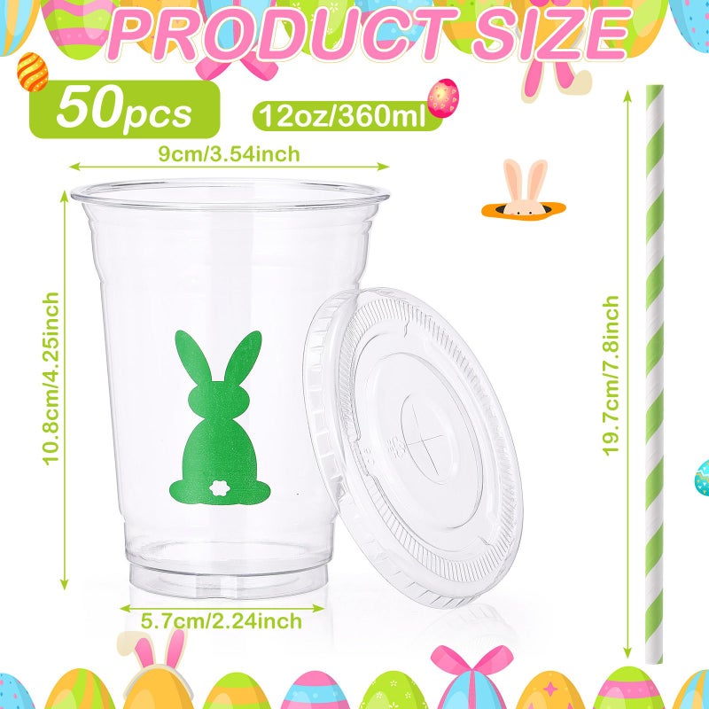 Jingmore 50 Pcs Easter Bunny Disposable Plastic Cups with Lids and Straws 12 oz Spring Easter Plastic Beverage Drinking Cups for Cocktail Holiday Party Wedding Birthday Supplies - Image 2