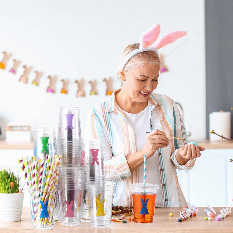 Jingmore 50 Pcs Easter Bunny Disposable Plastic Cups with Lids and Straws 12 oz Spring Easter Plastic Beverage Drinking Cups for Cocktail Holiday Party Wedding Birthday Supplies - Image 4