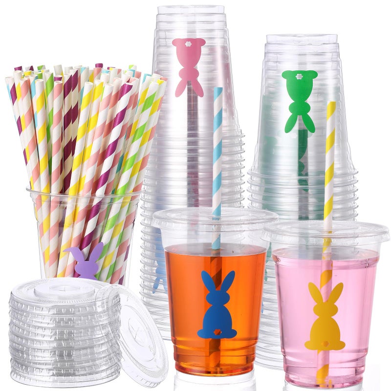 Jingmore 50 Pcs Easter Bunny Disposable Plastic Cups with Lids and Straws 12 oz Spring Easter Plastic Beverage Drinking Cups for Cocktail Holiday Party Wedding Birthday Supplies - Image 1