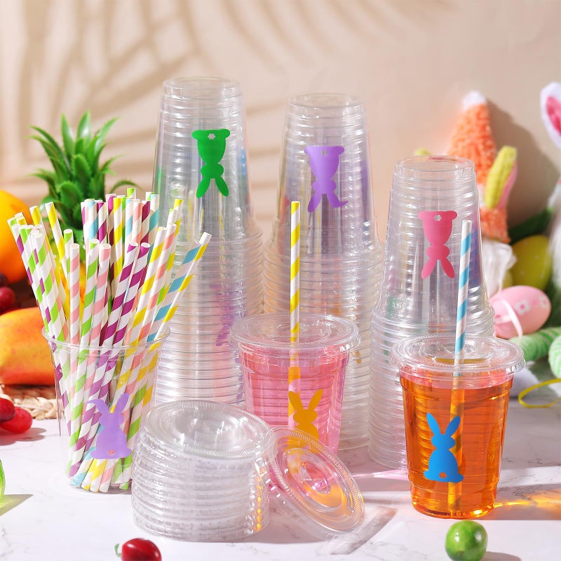 Jingmore 50 Pcs Easter Bunny Disposable Plastic Cups with Lids and Straws 12 oz Spring Easter Plastic Beverage Drinking Cups for Cocktail Holiday Party Wedding Birthday Supplies - Image 3