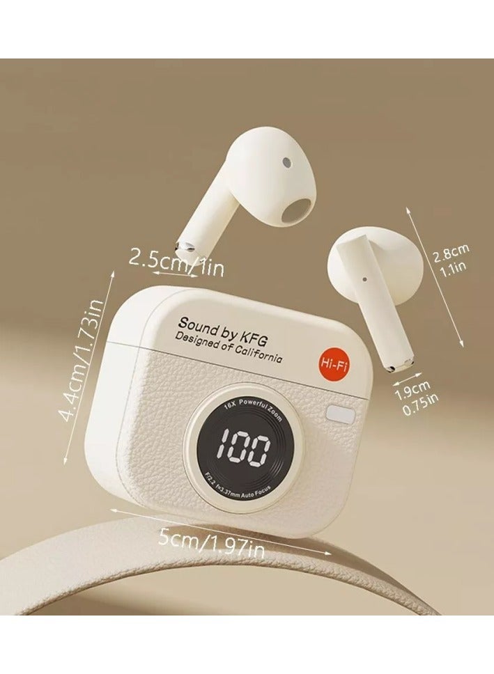 Retro Q86 Retro Camera Bluetooth Headset – Half In-Ear, ENC Noise Cancelling, Bluetooth 5.4 (White) - Image 2