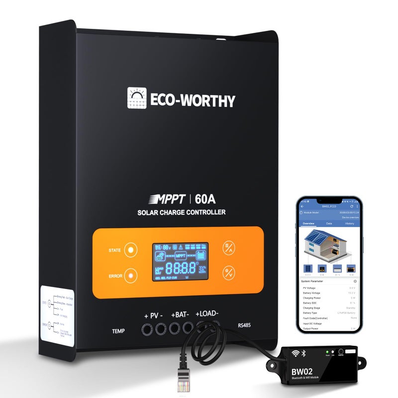 ECOWORTHY 60A MPPT Solar Charge Controller with BluetoothWiFi Max PV Input 150V12243648V Solar Panel Regulator for LeadAcidLifepo4 Battery in Solar System RV