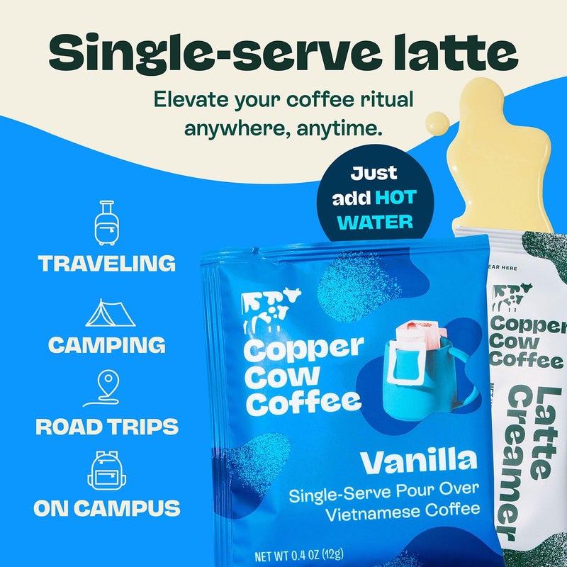Copper Cow Coffee Copper Cow Premium Vietnamese Coffee Variety Pack (15 Coffees & 15 Creamers)| Classic Black, Vanilla, & Salted Caramel Latte | Pour Over Single-Serve Lattes, No Refrigeration Needed, Travel Friendly - Image 3
