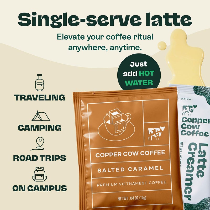 Copper Cow Coffee Copper Cow Premium Vietnamese Coffee Variety Pack (15 Coffees & 15 Creamers)| Classic Black, Vanilla, & Salted Caramel Latte | Pour Over Single-Serve Lattes, No Refrigeration Needed, Travel Friendly - Image 2