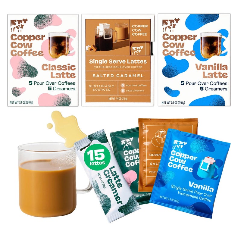 Copper Cow Coffee Copper Cow Premium Vietnamese Coffee Variety Pack (15 Coffees & 15 Creamers)| Classic Black, Vanilla, & Salted Caramel Latte | Pour Over Single-Serve Lattes, No Refrigeration Needed, Travel Friendly - Image 1