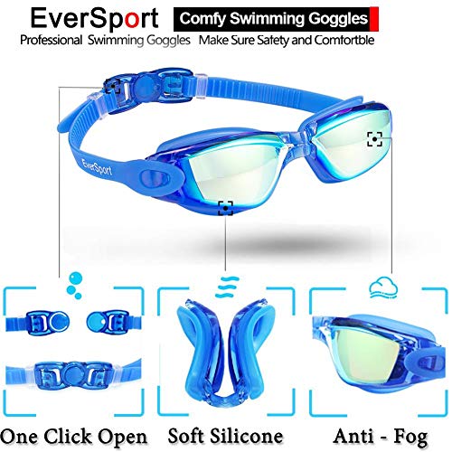 EverSport Kids Swim Goggles, Pack of 2 Swimming Goggles for Children Teens, Portable Anti-Fog Anti-UV Youth Swim Glasses Leak Proof for Age4-16, Green/Black & Mirrored Blue - Image 4