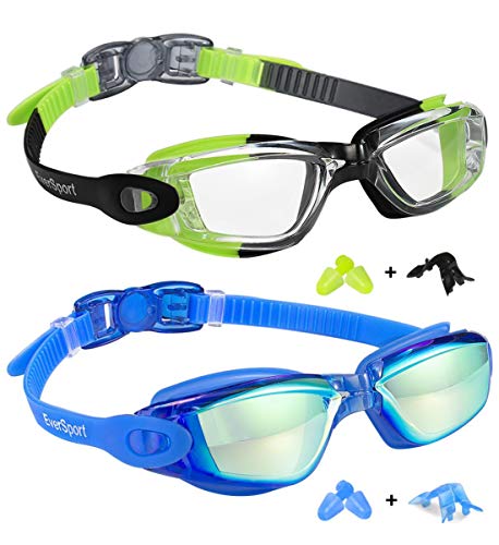 EverSport Kids Swim Goggles, Pack of 2 Swimming Goggles for Children Teens, Portable Anti-Fog Anti-UV Youth Swim Glasses Leak Proof for Age4-16, Green/Black & Mirrored Blue - Image 5
