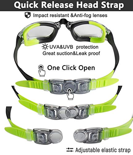 EverSport Kids Swim Goggles, Pack of 2 Swimming Goggles for Children Teens, Portable Anti-Fog Anti-UV Youth Swim Glasses Leak Proof for Age4-16, Green/Black & Mirrored Blue - Image 3
