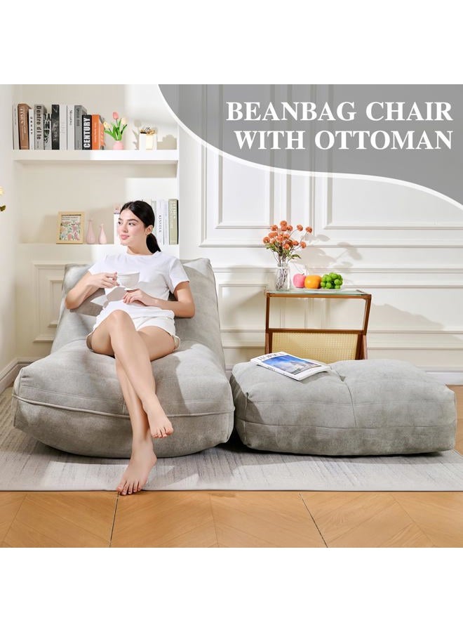 Cvortll Bean Bag Chair with Ottoman, Comfy Bean Bag Sofa with Memory Foam, Lazy BeanBag Sofa with Footstool, Fireside Bean Bag Couch for Living Room, Bedroom, Apartment (Gray) - Image 2