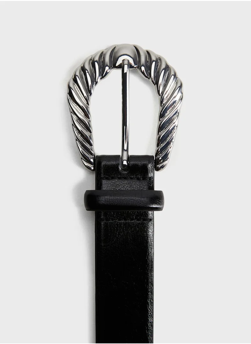 MANGO Embossed Texture Tongue Buckle Belt