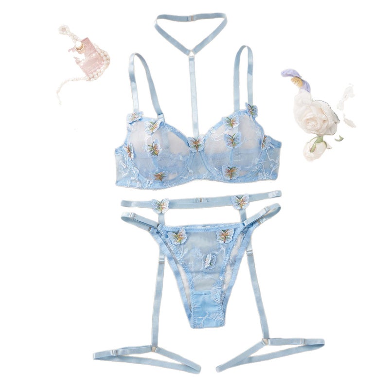 Coquette Lace Bra Set - Blue Hollow-out Ultra-thin Lace Bra, Seductive and Playful - Image 5