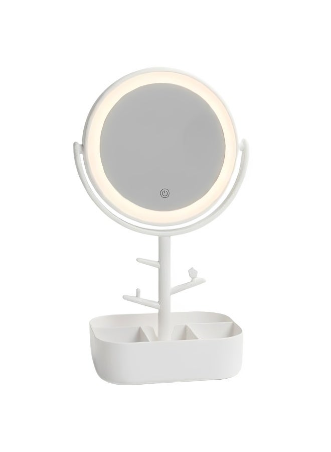 مرآة مكياج مضيئة بتقنية LED وتحكم باللمس، مرآة تجميل مزدوجة الوجهين (تكبير 1X و5X)، مرآة مكتبية قابلة للدوران بزاوية 360 درجة مع إضاءة بثلاثة ألوان، مرآة تجميل محمولة قابلة للشحن عبر USB مناسبة للمكياج والعناية بالبشرة والعناية الشخصية وطاولة الزينة. - Image 1