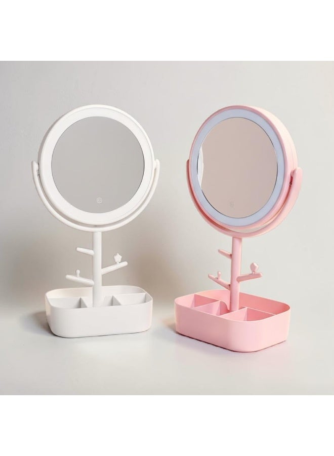 مرآة مكياج مضيئة بتقنية LED وتحكم باللمس، مرآة تجميل مزدوجة الوجهين (تكبير 1X و5X)، مرآة مكتبية قابلة للدوران بزاوية 360 درجة مع إضاءة بثلاثة ألوان، مرآة تجميل محمولة قابلة للشحن عبر USB مناسبة للمكياج والعناية بالبشرة والعناية الشخصية وطاولة الزينة. - Image 2