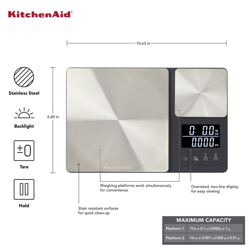 KitchenAid KQ909 Dual Platform Digital Kitchen and Food Scale, 11 pound capacity and Precision 16oz capacity, Black with Stainless Steel - Image 4
