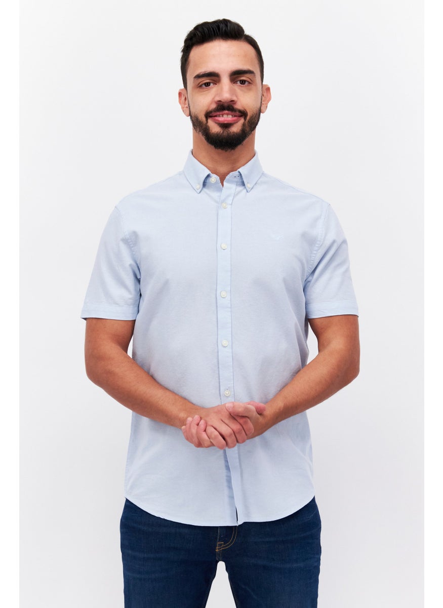 Threadbare Men Spread Collar Short Sleeves Embroidered Casual Shirts, Sky Blue  - Image 1