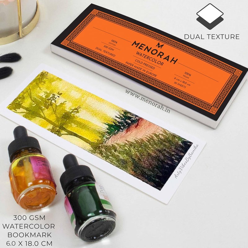 MENORAH - Watercolour Loose Paper / Pad - 300 gsm-100% cotton Sketch book-Size (6.0 x 18.0) cm - 300 GSM, 100% Cotton-BOOKMARK-(20 Sheets / 40 pages)-DIY Bookmark - Dual Texture Watercolor Loose Sheets-Acrylic, Gouache, Watercolor, Tempera, Pen Art, Mandala- Glued End Pad - Image 5
