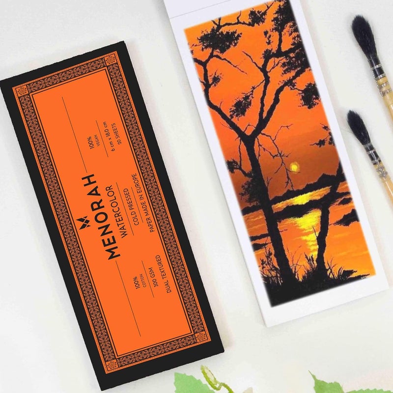 MENORAH - Watercolour Loose Paper / Pad - 300 gsm-100% cotton Sketch book-Size (6.0 x 18.0) cm - 300 GSM, 100% Cotton-BOOKMARK-(20 Sheets / 40 pages)-DIY Bookmark - Dual Texture Watercolor Loose Sheets-Acrylic, Gouache, Watercolor, Tempera, Pen Art, Mandala- Glued End Pad - Image 1