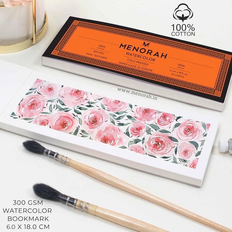 MENORAH - Watercolour Loose Paper / Pad - 300 gsm-100% cotton Sketch book-Size (6.0 x 18.0) cm - 300 GSM, 100% Cotton-BOOKMARK-(20 Sheets / 40 pages)-DIY Bookmark - Dual Texture Watercolor Loose Sheets-Acrylic, Gouache, Watercolor, Tempera, Pen Art, Mandala- Glued End Pad - Image 3