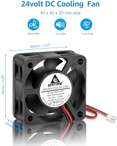 GDSTIME 40mm Brushless Cooling Fan, 40mm x 40mm x 20mm 24V DC Fan 2Pin 6000RPM for 3D Printer 2-Pack - Image 3