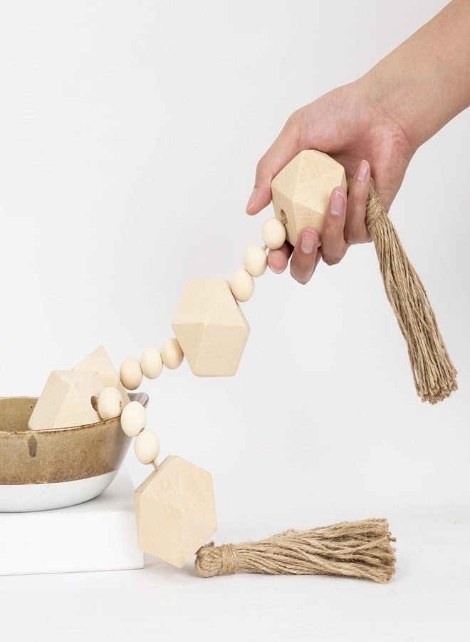 OMISHE 2" Octagonal Extra Large Wood Bead Garland with Tassels, 28" Long Rustic Farmhouse Wooden Beads Garland, Decorative Beads Boho Decorations for Home Table Mantle Natural Beige - Image 1
