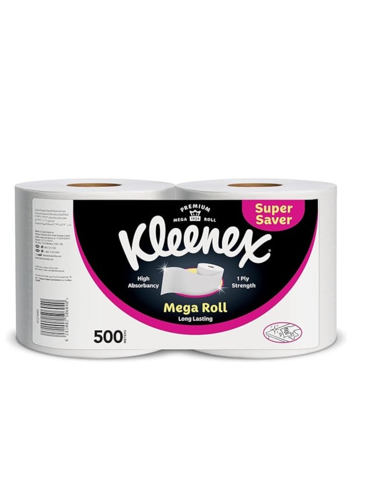 Kleenex Kitchen Paper Towel, Mega Roll Tissue, 2 Rolls x 250 Meters, High Absorbency for Multi Purpose