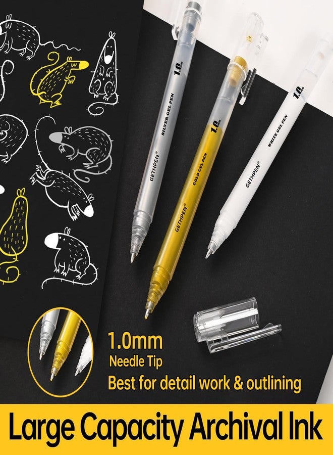 GETHPEN مجموعة أقلام جل GETHPEN بثلاثة ألوان - أقلام حبر جل أبيض وذهبي وفضي للفنانين، قلم جل أبيض، قلم حبر أبيض، أقلام بيضاء للورق الأسود، أقلام رسم بيضاء، قلم أبيض لرسم الفنانين - Image 3
