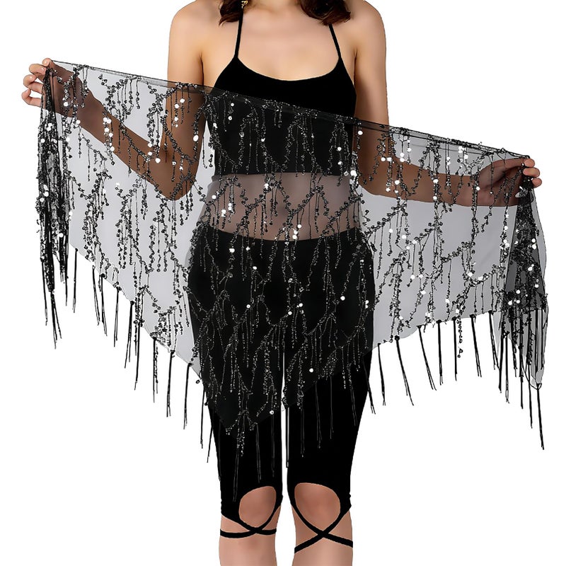 SUMERSHA Women's Belly Dance Hip Scarf with Sequins, Triangle Shawl Tassels Belly Dancing Waist Scarf Belt for Performance, Costume, & Festival - Image 1