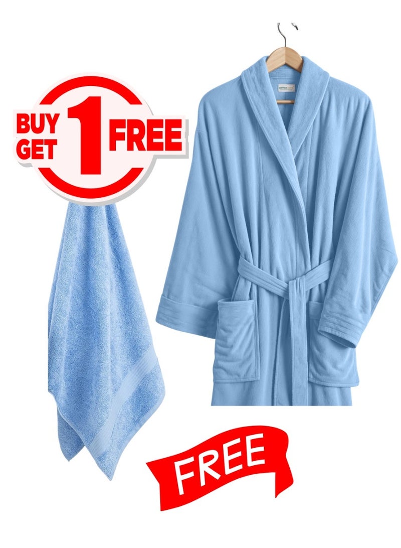 تى ام هوم عرض محدود من TM HOME – اشتري روب فندقي فاخر من القطن الطبيعي 100% بلون بيبي بلو الهادئ واحصل على فوطة مجانية مقاس 50×100 – فخامة فندقية، امتصاص عالي، ونعومة تدوم طويلاً - Image 1