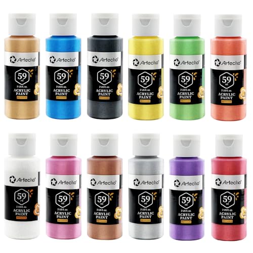 Artecho Acrylic Paint Set, 12 Metallic Colors Bottles (59ml / 2oz) Art Craft Paints for Canvas, Rock, Stone, Wood, Fabric, Art Supplies - Image 1