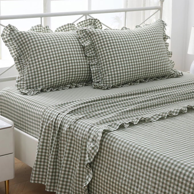 SAGE GREEN PLAID RUFFLE SHEETS TWIN SIZE 4PIECE SET 300TC 100 YARN DYED COTTON SHEETS DEEP POCKET FARMHOUSE GINGHAM DECORATIVE BED SET SAGE GREENWHITE PLAID TWIN