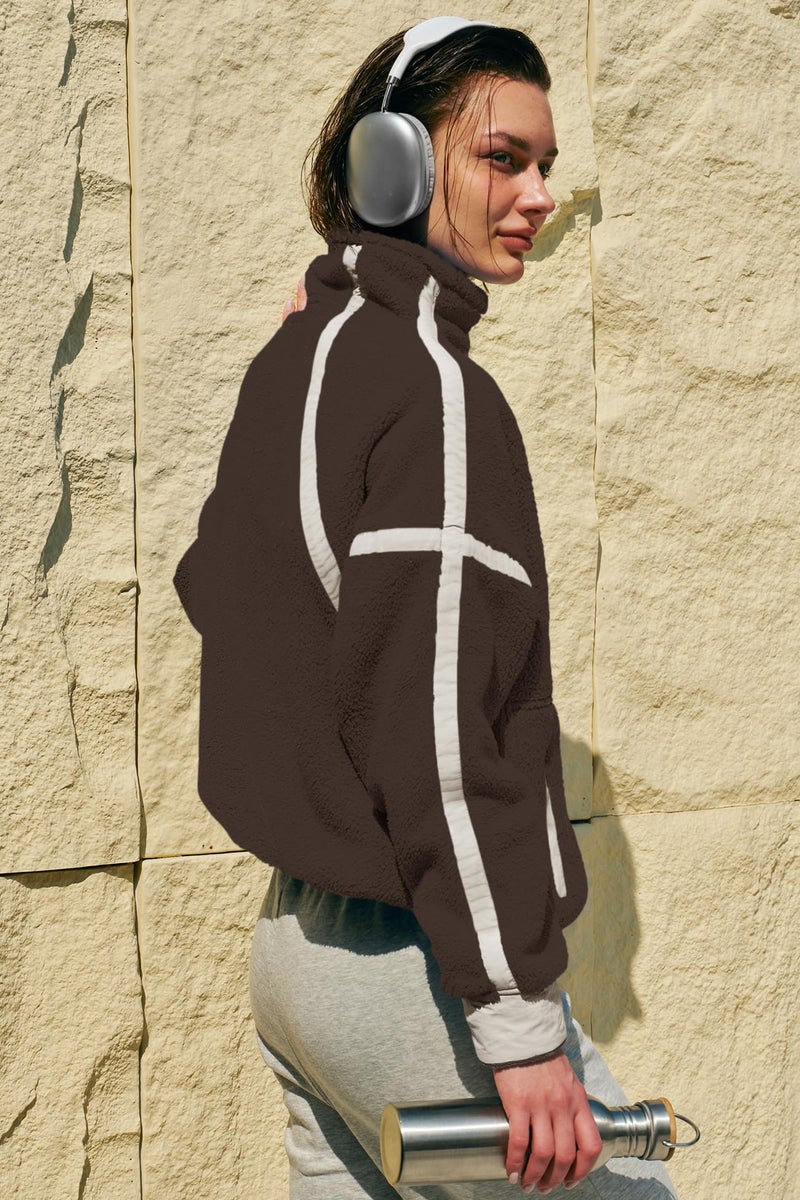 Panadila Womens Half Zip Sherpa Fleece Pullover Soft Oversized Sweatshirt with Pockets Warm Fuzzy Sweater (Brown,M) - Image 5