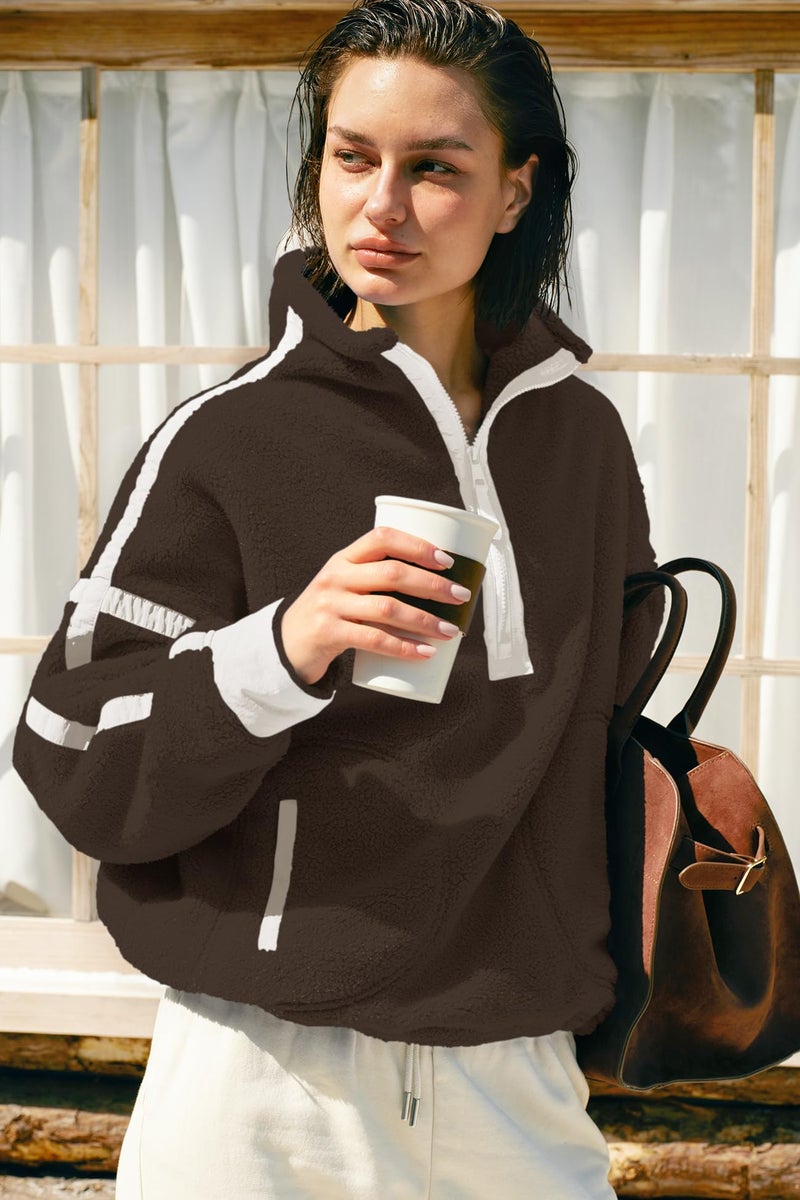Panadila Womens Half Zip Sherpa Fleece Pullover Soft Oversized Sweatshirt with Pockets Warm Fuzzy Sweater (Brown,M) - Image 4