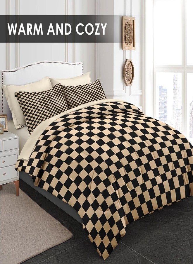 Nesphy Checkerboard Grid Geometric Plaid Khaki Black Comforter Set 7 Pcs King Size Quilt, Checkered Geometric Retro Soft Bedding Set with Flat and Fitted Sheet Pillowcases Sham for Adults Bedroom Bed Decor - Image 5
