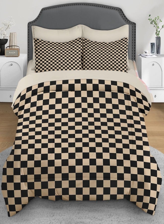 Nesphy Checkerboard Grid Geometric Plaid Khaki Black Comforter Set 7 Pcs King Size Quilt, Checkered Geometric Retro Soft Bedding Set with Flat and Fitted Sheet Pillowcases Sham for Adults Bedroom Bed Decor - Image 2