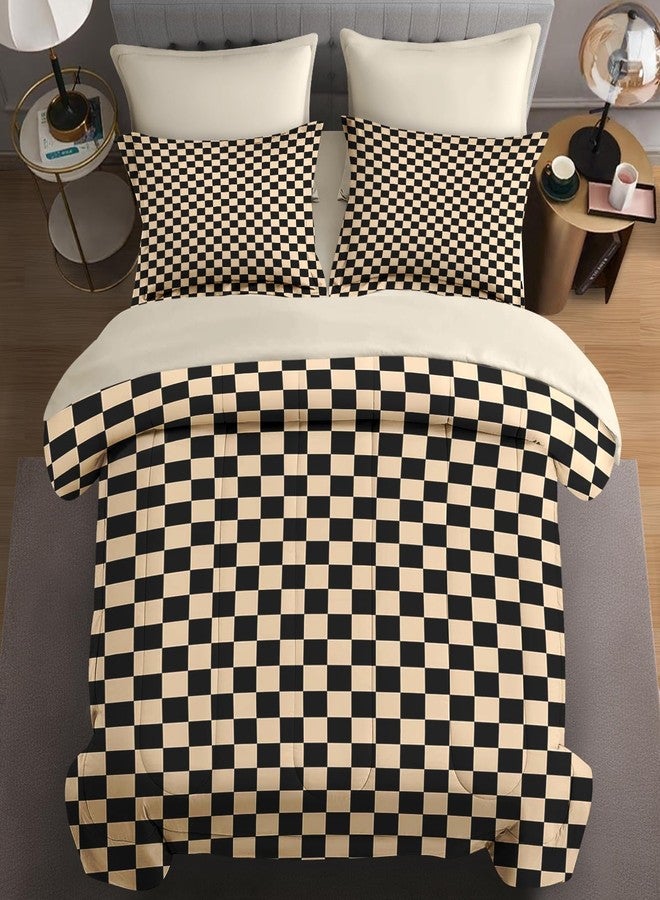Nesphy Checkerboard Grid Geometric Plaid Khaki Black Comforter Set 7 Pcs King Size Quilt, Checkered Geometric Retro Soft Bedding Set with Flat and Fitted Sheet Pillowcases Sham for Adults Bedroom Bed Decor - Image 1