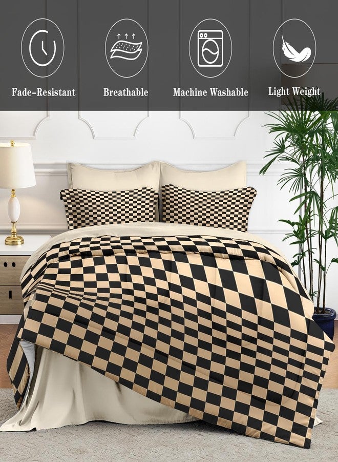 Nesphy Checkerboard Grid Geometric Plaid Khaki Black Comforter Set 7 Pcs King Size Quilt, Checkered Geometric Retro Soft Bedding Set with Flat and Fitted Sheet Pillowcases Sham for Adults Bedroom Bed Decor - Image 4